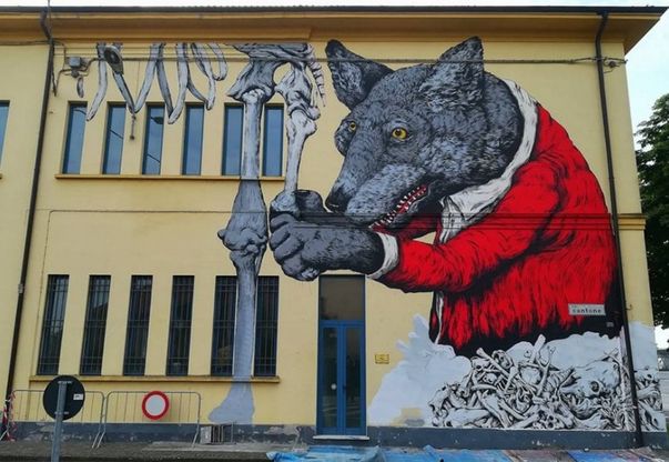 Cremona, la street art incontra la paleontologia:  il "lupo di Darwin" sulla facciata del museo
