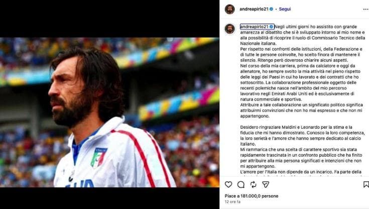 "Non sarò il ct della Nazionale": il post e le storie su Instagram con l'annuncio di Pirlo