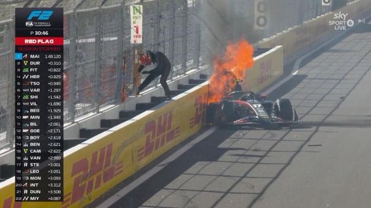 Paura a Madrid: vettura in fiamme sulla pista dopo uno scontro, illeso il pilota Inthraphuvasak