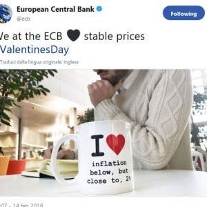 Il tweet della Bce per San Valentino: "Il nostro amore è per la stabilità dei prezzi"