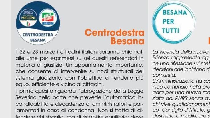 A Besana Brianza il centrodestra invita a votare sì al referendum, ma i quesiti sono quelli del 2022