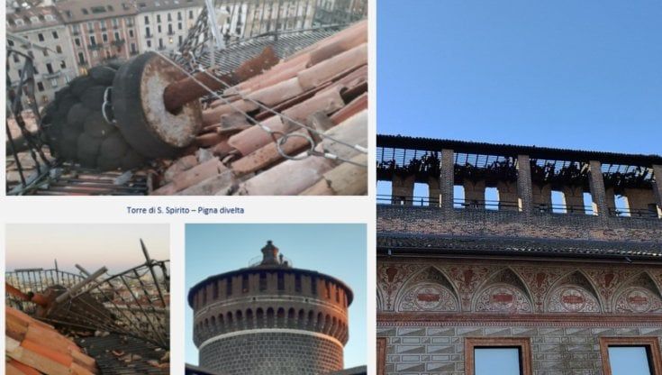 I 275mila euro di danni per il vento al Castello Sforzesco: tetti e pennoni strappati, una pigna da 600 chili in bilico