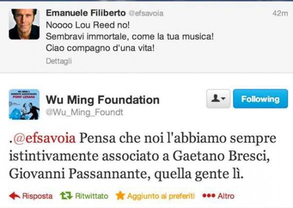 Lou Reed, la condoglianza &egrave; polemica: scontro su Twitter fra Emanuele Filiberto e Wu Ming