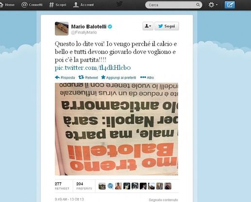 Il tweet di Balotelli<br />"Io anticamorra? Lo dite voi"<br />&nbsp;