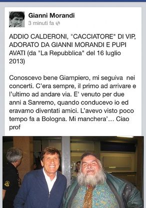 "Ciao Giampiero, mio grande fan":<br />Morandi saluta il cacciatore di vip