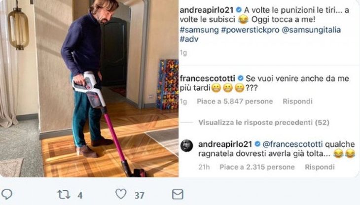 Pirlo usa l'aspirapolvere e Totti scherza: "Vieni a pulire anche da me?"