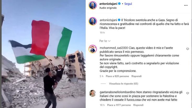 Tajani posta video da Gaza con il tricolore: “Riconoscenza all’Italia”. Ma è per chi ha manifestato