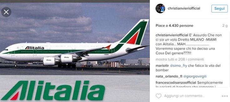 Bobo Vieri contro Alitalia: "Assurdo che non ci sia un diretto Milano-Miami". La compagnia risponde 
