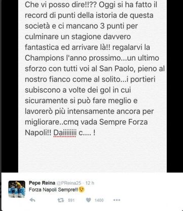 La lettera di Pepe Reina ai tifosi 