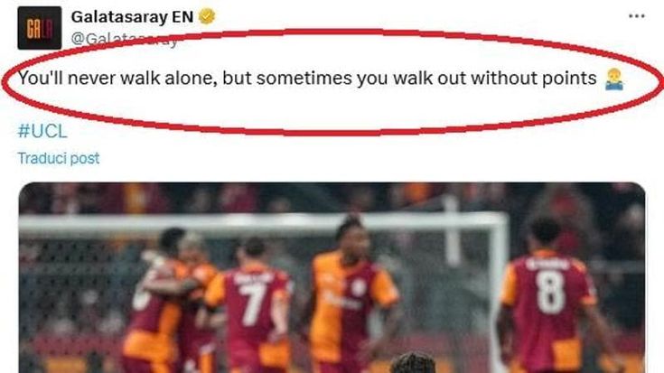 Il Galatasaray sfotte il Liverpool: “Walk alone, senza punti”