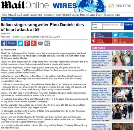 Pino Daniele, la notizia della scomparsa sui siti internazionali