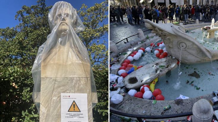 Busti decapitati al Pincio e la Barcaccia preda degli ultras: i danni al patrimonio artistico romano