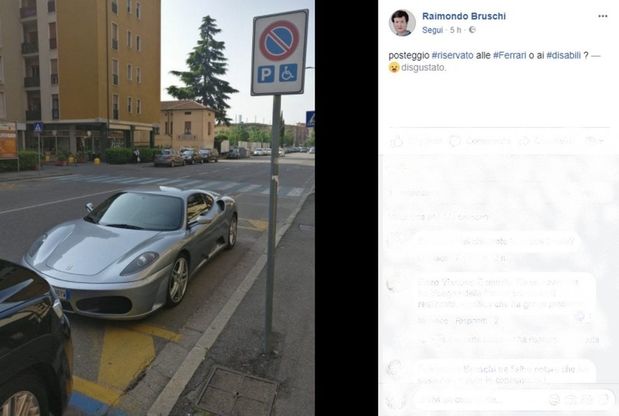 Brescia, Ferrari parcheggiata sul posto per disabili: polemica sui social