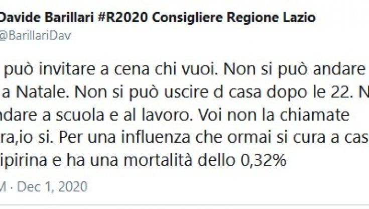 Roma, Coronavirus. Barillari, "Sotto dittatura per una influenza che si cura con la Tachipirina"