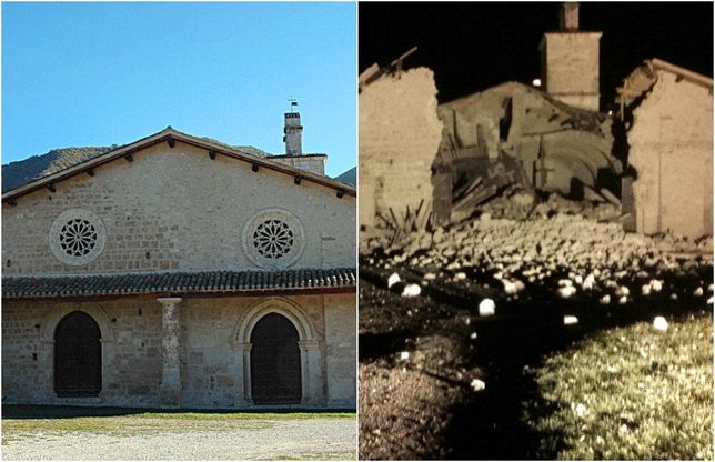 Terremoto centro Italia, la chiesa di San Salvatore a Campi di Norcia prima e dopo il crollo