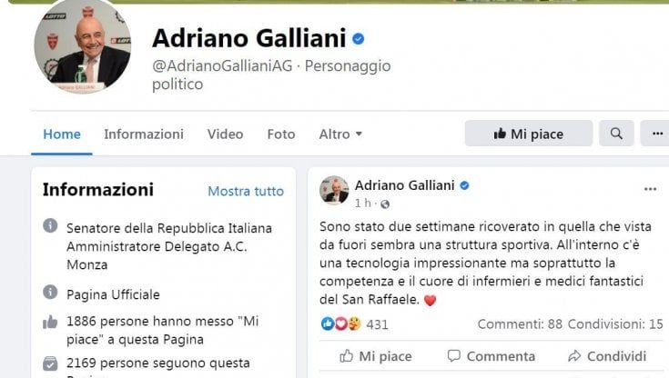 Monza, coronavirus: Galliani dimesso dal San Raffaele