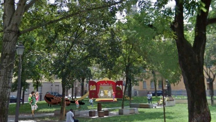 Parma, dona al Comune un gioco bimbi verdiano a forma di pianoforte e violino da montare nel piazzale 