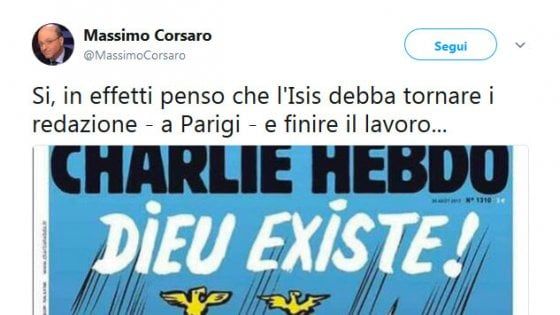 Milano, il deputato Corsaro su Twitter: "L'Isis torni da Charlie Hebdo a finire il lavoro"