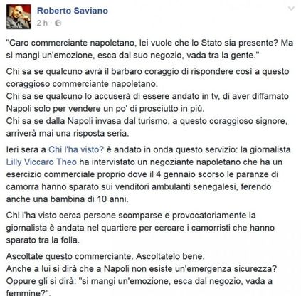 Saviano-de Magistris, il post su Fb dell'autore di Gomorra