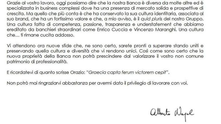 La lettera di Nagel ai dipendenti: “Vi attendono nuove sfide”. E cita Orazio sulla sconfitta