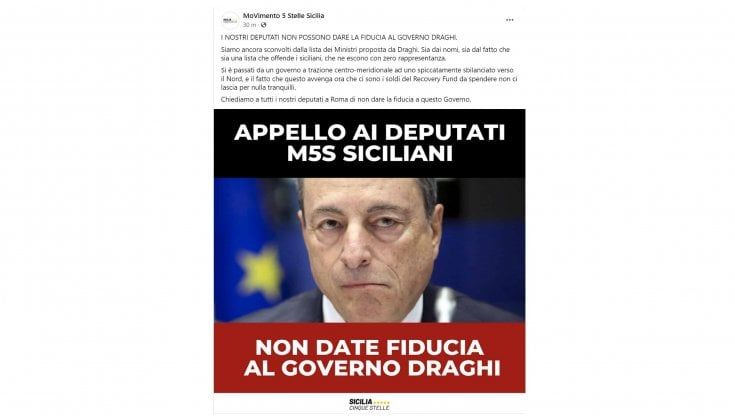 M5s, appello a non votare la fiducia a Draghi. Ma il post viene rimosso: "Pressioni romane"