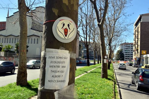 Milano, faccine sugli alberi contro i tagli per il metrò 4