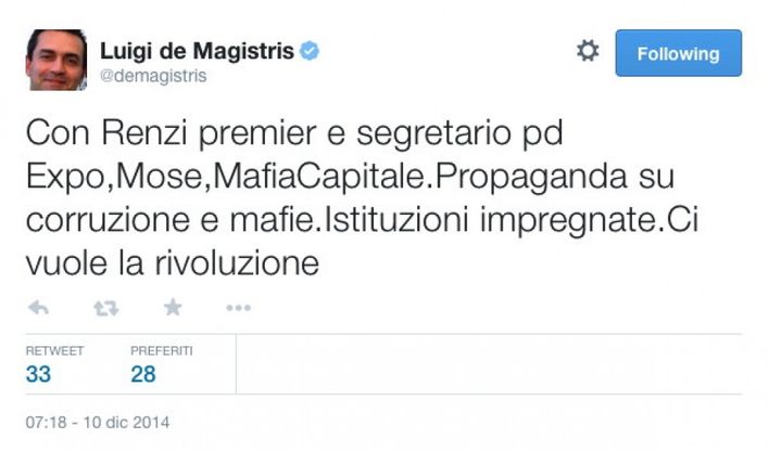 De Magistris invoca la rivoluzione anti Renzi e mafie via Twitter