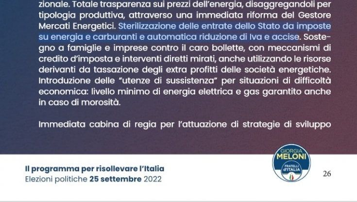 Meloni: "Mai promesso il taglio delle accise". Ma il programma elettorale di Fratelli d'Italia la smentisce