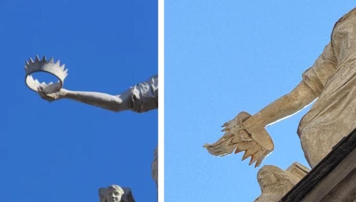 Corona si stacca dalla statua di Partenope sulla sommità del San Carlo