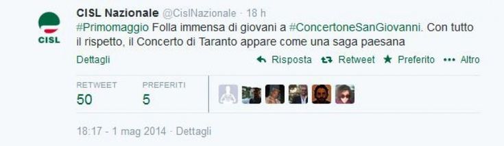 Primo maggio, Cisl attacca Taranto: su Twitter &egrave; polemica