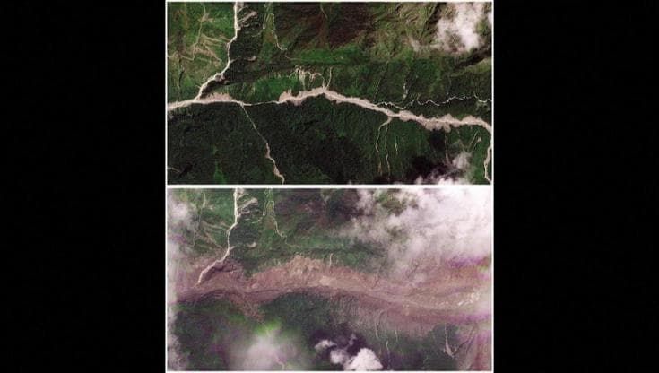 Alluvione tra Tibet e Nepal, la colata di fango e rocce nella vallata: le immagini dal satellite