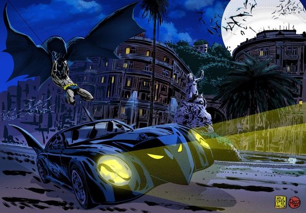 La Batmobile corre nella notte di Napoli: il disegno tributo per i 70 anni della macchina del super eroe