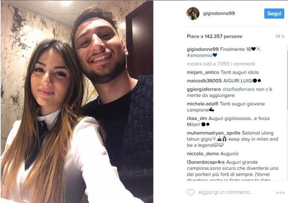 Milan, Donnarumma compie 18 anni: gli auguri social con la fidanzata