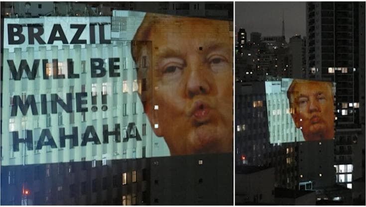 San Paolo, sul palazzo spunta l'immagine di Trump: 'Il Brasile sarà mio'. La protesta di un artista