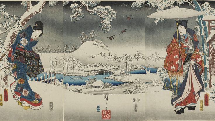 La pioggia  e la neve fluttuano con Hiroshige