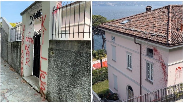 Nelle ville di Vladimir Soloviev sul lago di Como fiamme, scritte "killer" e vernice rossa in piscina 
