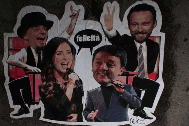Renzi-Boschi come Al Bano e Romina: la caricatura sui muri di Ripetta