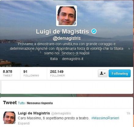 De Magistris a Ranieri<br />"Ti aspettiamo presto"