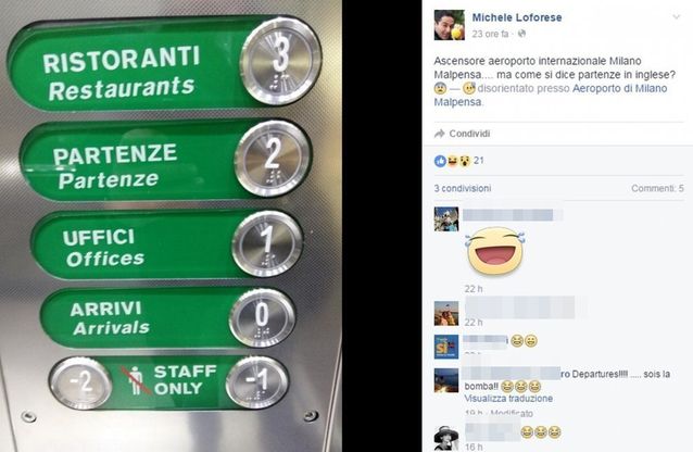 Malpensa, l'ascensore è poco internazionale: il lettore lo bastona per l'inglese