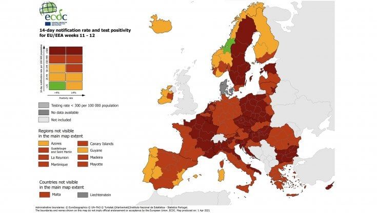 Piemonte zona rossa con altre 7 regioni fino almeno al 20 aprile: nella mappa Ue è sempre "rosso scuro"