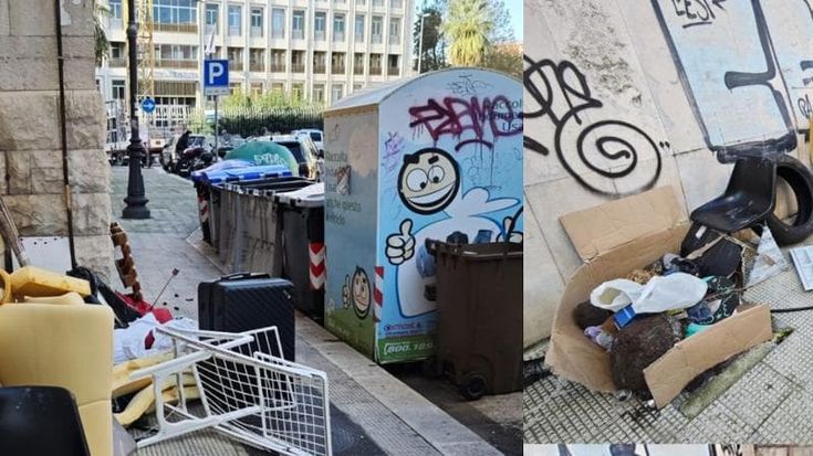 Bari, una discarica davanti al Tribunale civile: dietro i cassonetti valige, copertoni e stendini