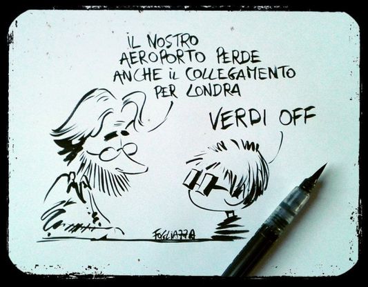 Stop ai voli per Londra da Parma, la vignetta di Fogliazza