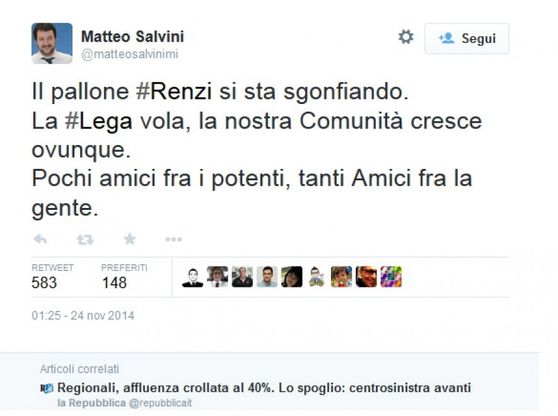 Regionali, Salvini: Renzi si sta sgonfiando