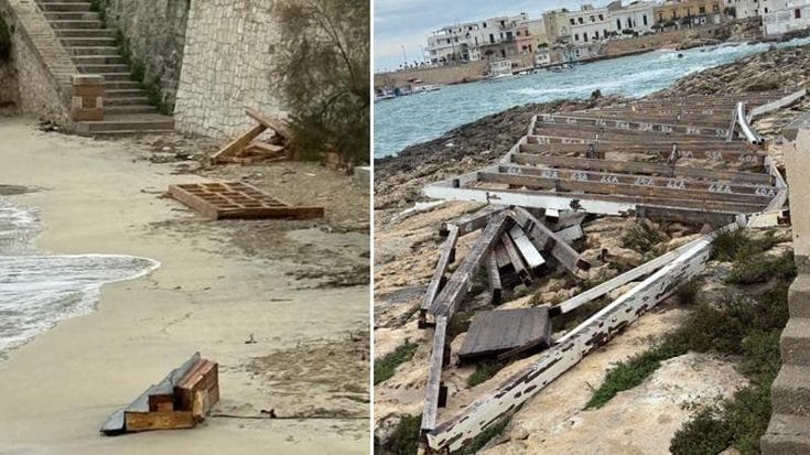 Lidi balneari distrutti dalla mareggiata nel Salento: danni sul litorale di Nardò