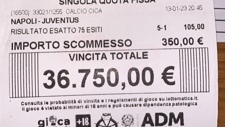 Scommette sul 5 a 1 di Napoli-Juve e vince quasi 40mila euro