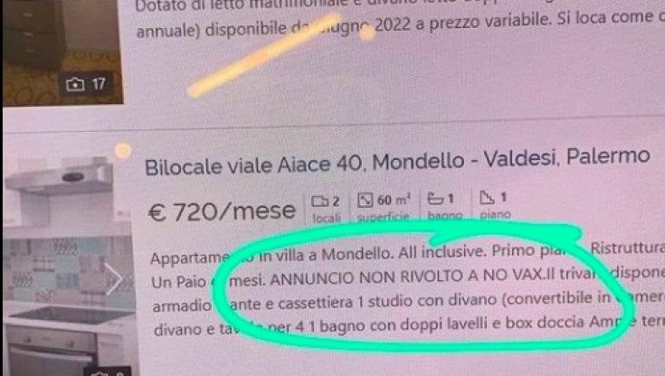 L'annuncio immobiliare: "Si affitta bilocale, ma solo a vaccinati"