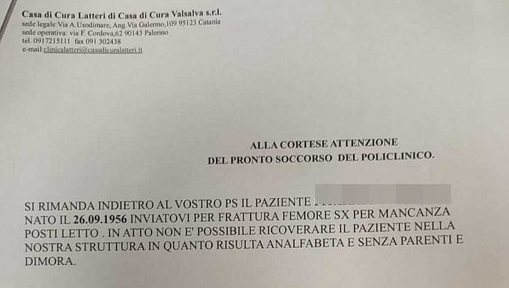 Palermo, clinica convenzionata rifiuta il ricovero a un paziente: "E' analfabeta". Ispezione dell'assessorato