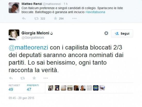 Renzi-Meloni, botta e risposta su Twitter sulla legge elettorale