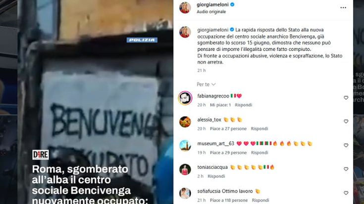 Sgomberi, migranti rimpatriati e agenti aggrediti: Meloni sui social punta tutto sulla sicurezza