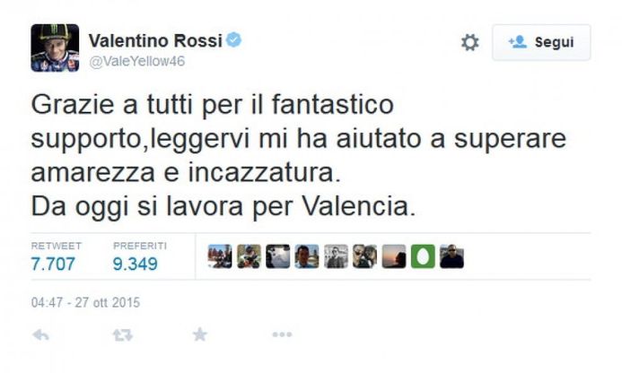 Moto Gp, Valentino Rossi su Twitter: "Grazie a tutti, ora a Valencia"